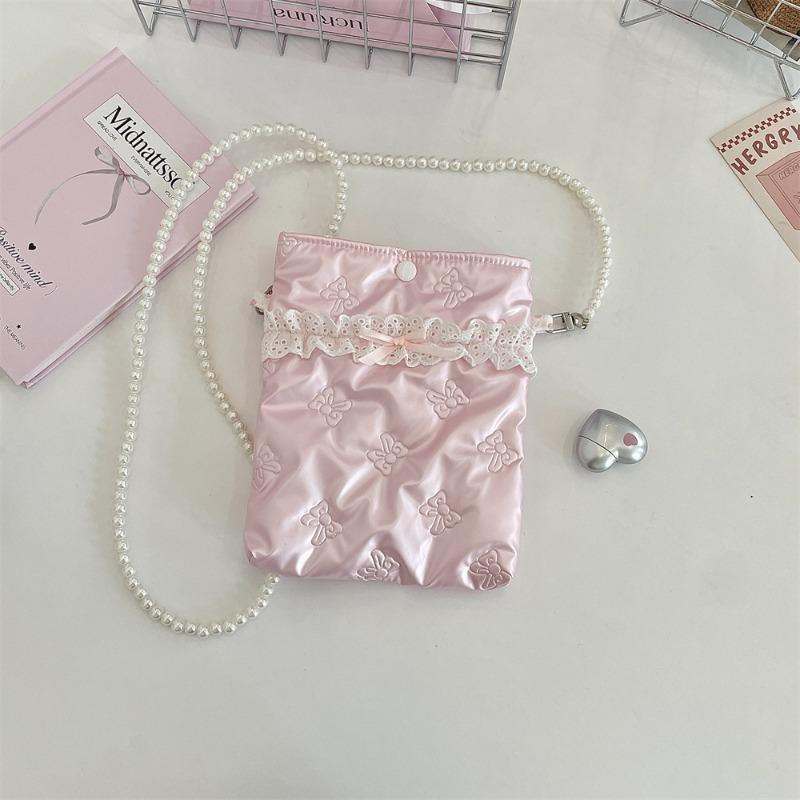 Pu Bow Padded Cotton Messenger Small Bag Mobile Phone Bag Pearl Chain Bag Portable Mini Cosmetic Bag