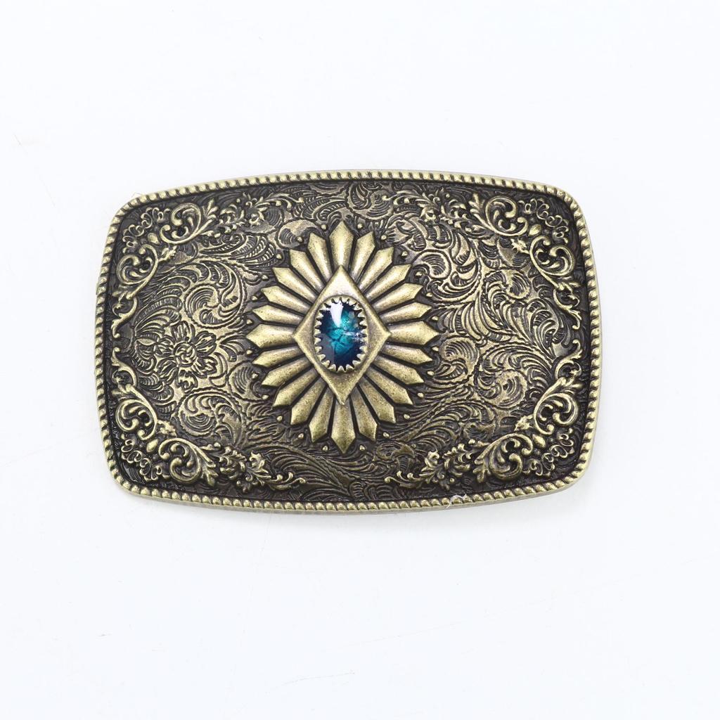 Zinc Western Cowboy Belt Buckle with National Flag and Turquoise Design