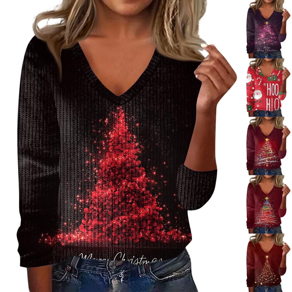 Women's Cute Sweatshirt Knitted Fashion Casual V-neck Long-sleeved Cozy Print Top