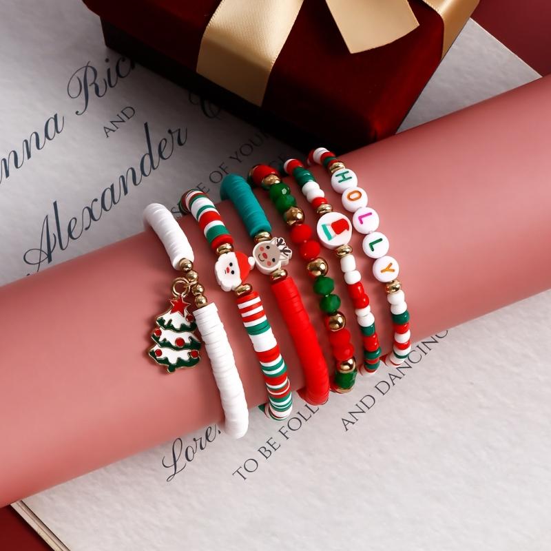Christmas Beaded Bangle Festive Bohemian Colorful Bracelets 6/7Pcs Soft Clay Elastic Beaded Hand Chains Jewelry for Girl