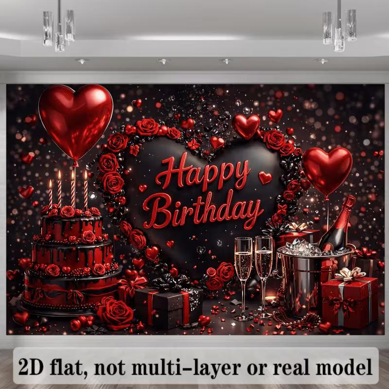 2D Flat Red & Black Birthday Banner 2D Fabric Backdrop for Adult & Romantic Birthday Party Decoration