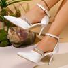 Women's Elegant White Satin High Heel Pumps Fashion Crystal Decor Party Dress Shoes Woman Pointed Toe Ankle Strap Stiletto Pumps