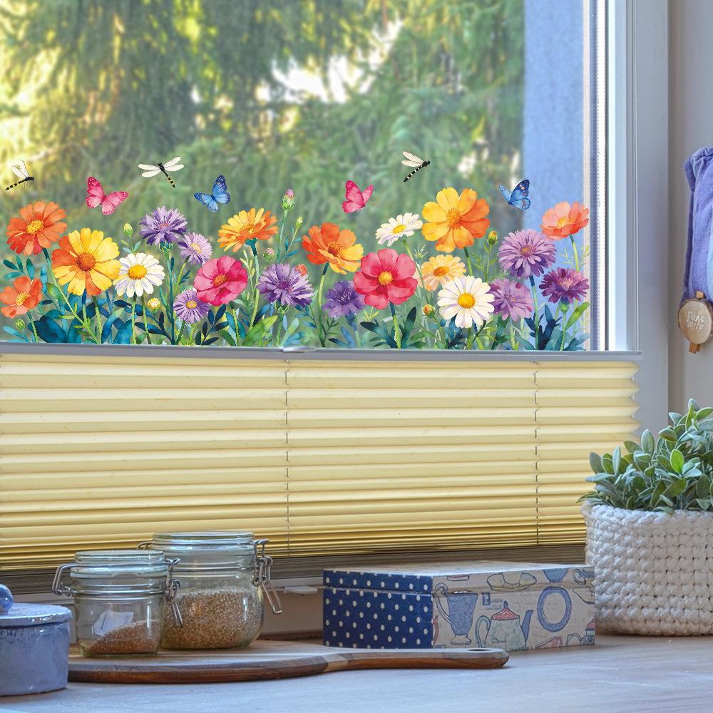 Watercolor Flower Butterfly Window Stickers Self Adhesive Glass Decals for Balcony Home Decor