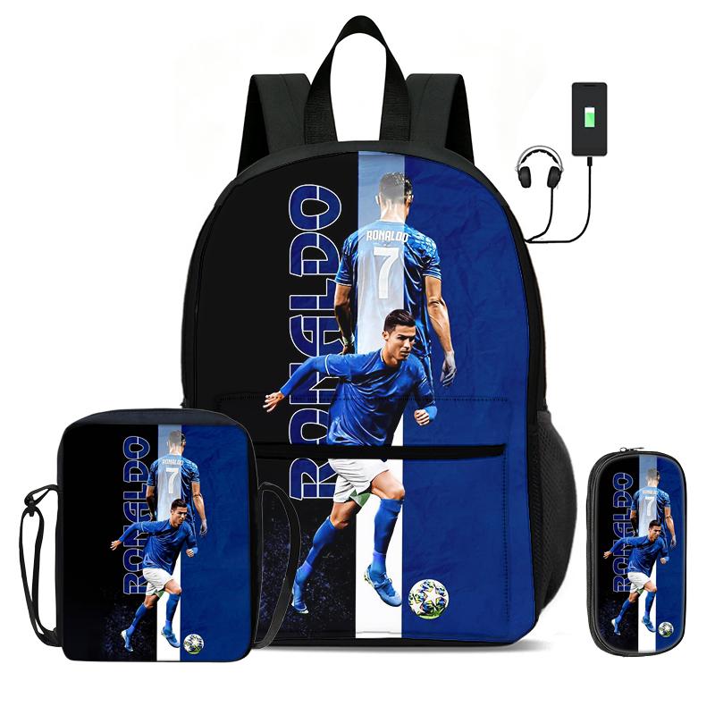 Learn, Travel Football Sport Rucksack Ronaldo 3 Pcs Set Kids Backpack Shoulder Bag, Pencil Bag, Football Star Knapsack