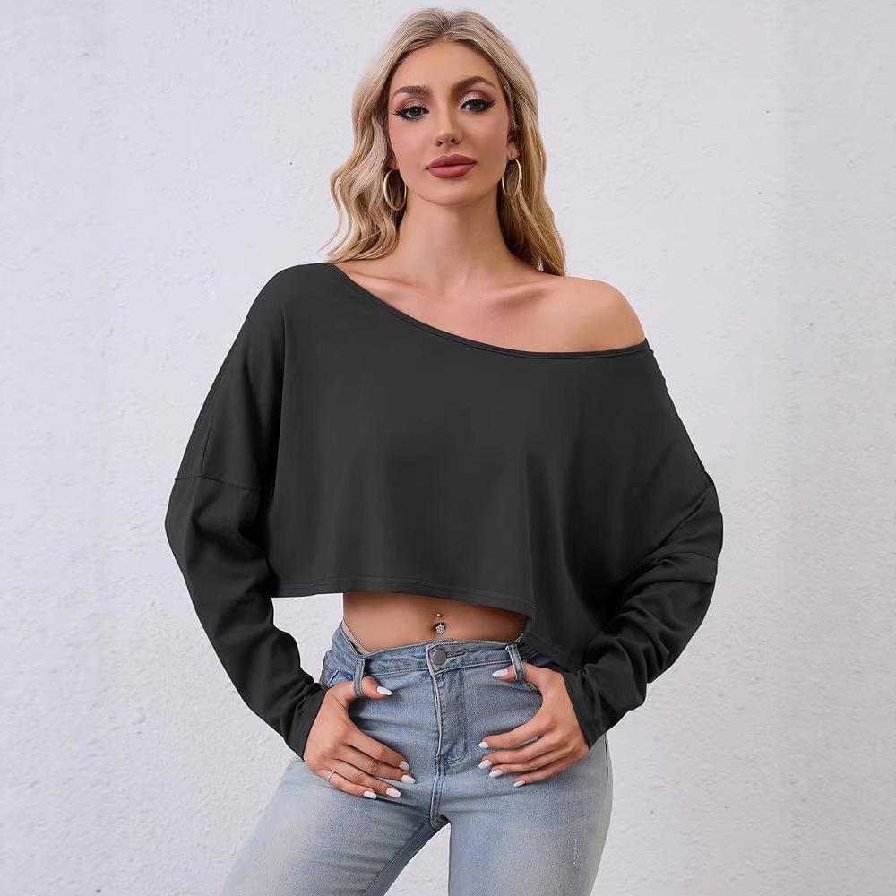 

Весенняя Новинка Женский Однотонный Асимметричный Спущенный с Плеч Свободный Укороченный Топ Small чёрный