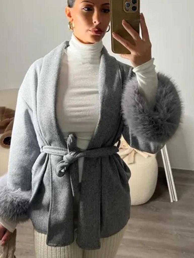 2025 A/W Women's French Tweed Short Coat with Fur Cuffs, V-neck, and Tie-waist - Solid Color.