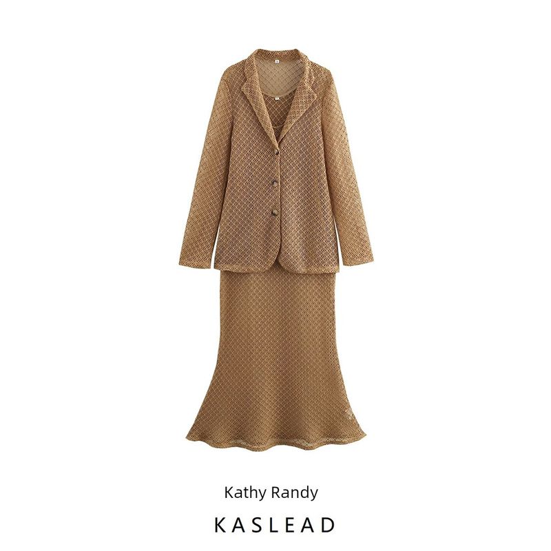 Kaslead New Women Clothes Western Style Knitted Hollow Blazers Dress Two-piece Set
