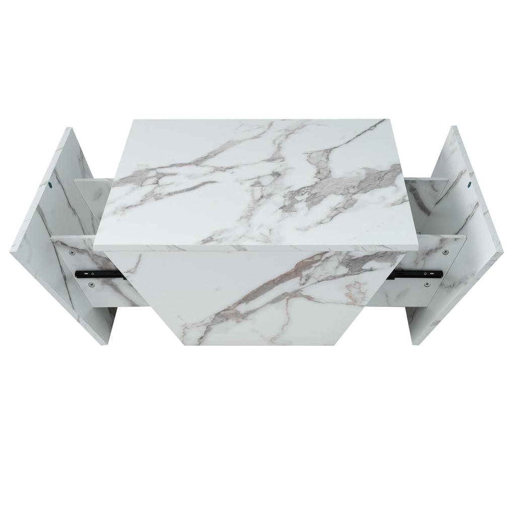 Tavolino da caffè Basso, Tavolino da caffè moderno Cassetti, Spazio di archiviazione, Tavolino laterale, Tavolino da divano, Tavolino da salotto, impiallacciatura marmo bianco, 70x70x37cm