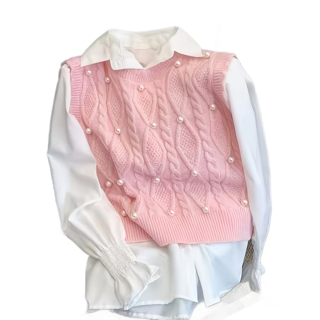 Pearl Knitted Vest Women's Sleeveless Sweater Vest Pullover Crew Neck Loose Versatile Top Platform Supply Chain