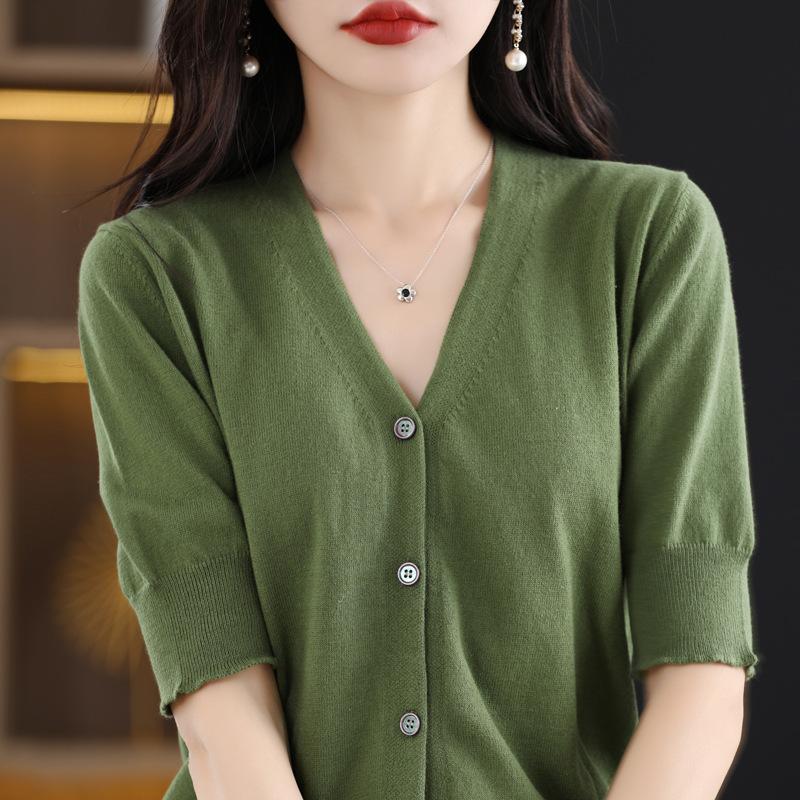 

Кардиган с V-образным вырезом и короткими рукавами для женщин, летний новый свободный тонкий хлопковый трикотажный топ с рукавами до локтя, футболка с рукавами до локтя XXL