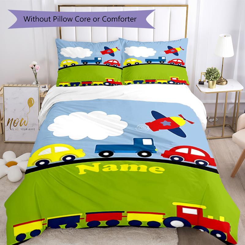 3pcs Custom Name Cute cars Bedding Set Duvet Cover Closure Includes 1 Duvet Cover & 2 Pillowcases, Soft and Comfortable for All Seasons.