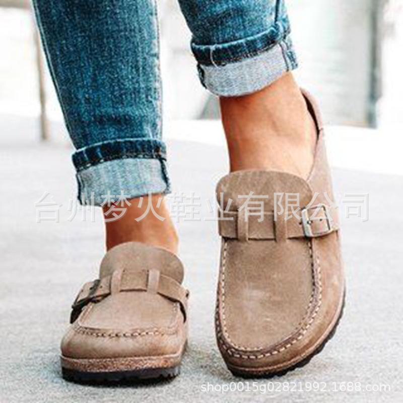 

Spring and summer round head low heel casual leather buckle women s half-drag sandals 43 хакі