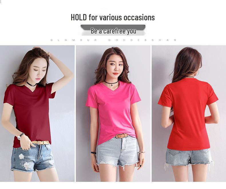 Women's Summer Pink V-Neck Pure Cotton Short Sleeve T-Shirt, Customizable with Logo.