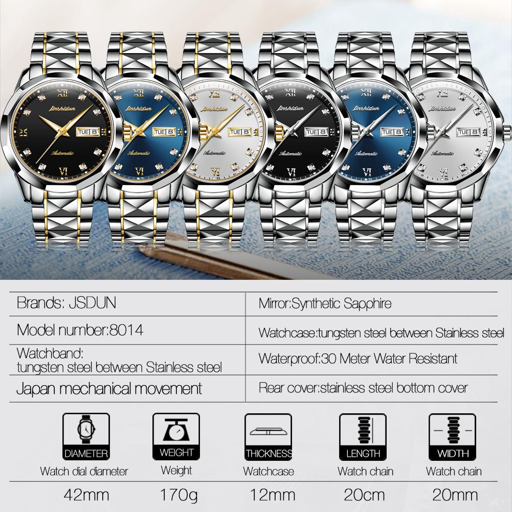 JSDUN 8813 Herren Mechanische Uhr Perfektes Stahlarmband Wasserdichtigkeit Kalender Einfache Freizeit Armbanduhr