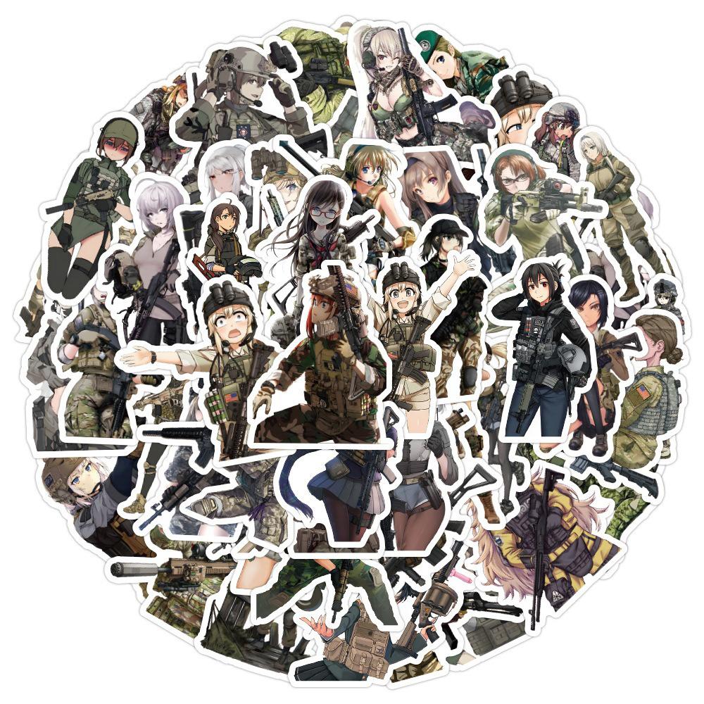 50pcs Camouflage Female Soldier Cartoon Stickers Cute Anime Girls Decals Phone Case Notebook Luaggge PVC Graffiti Sticker