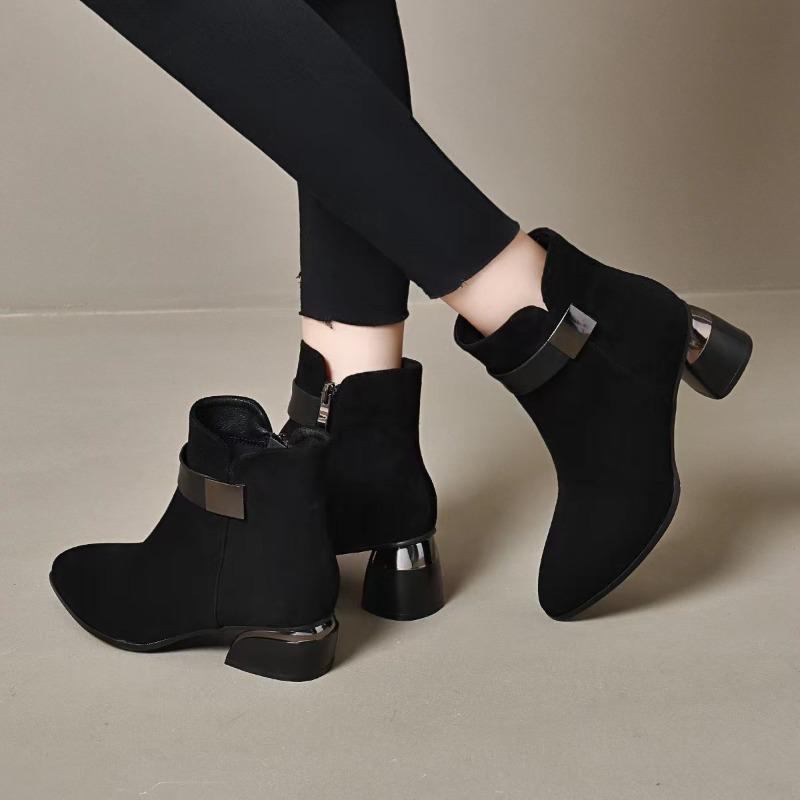 Women's Ankle Boots Fashion Pointed Medium Heel Women's Boots Suede Casual Ankle Boots Thick Heeled Platform Booties Botas Mujer