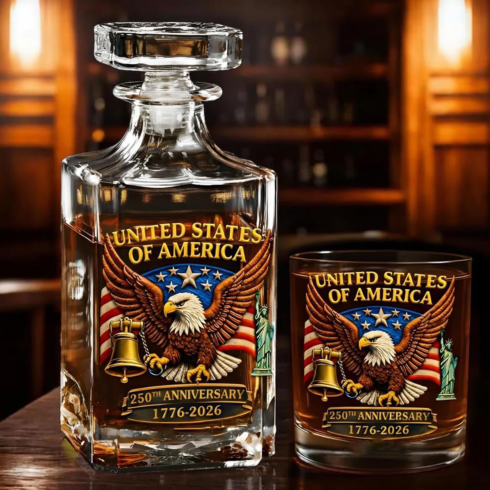 

250th Anniversary Commemorative Personalized Whiskey Decanter Set (1776–2026), C Gift For Men, Patriotic Decanter With Whiskey Bottle & Glass One Size