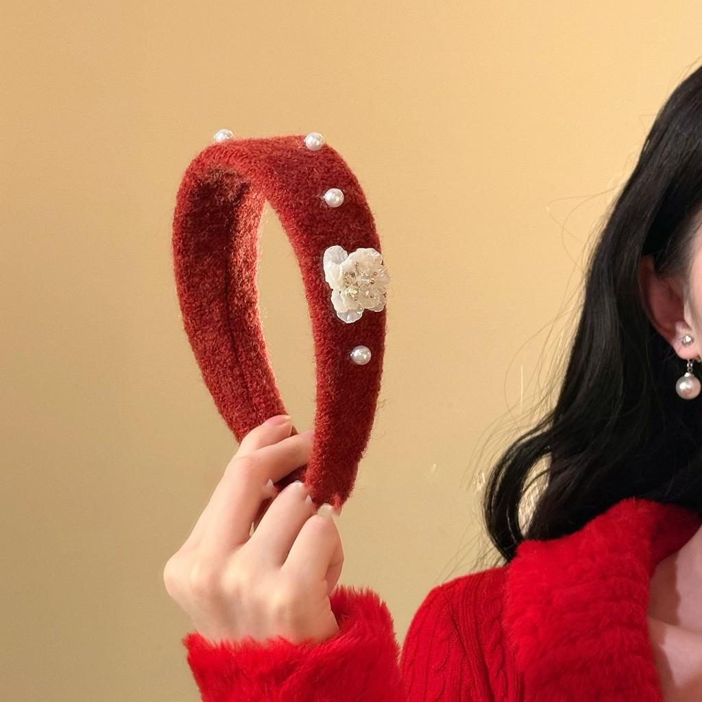 Flocking Fabric Flower Pearl Headband Autumn and Winter Retro Temperament Elegant High Skull Top Headband Hair Accessories