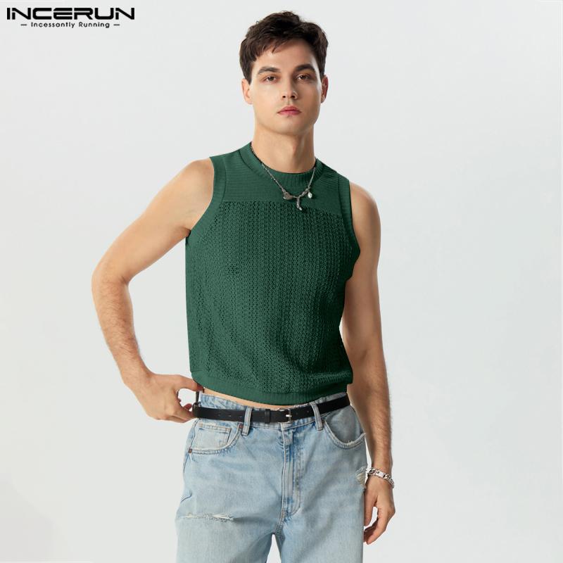 

INCERUN Summer Men Sleeveless Patchwork Hollow Mesh Knitted Tank Tops 3XL