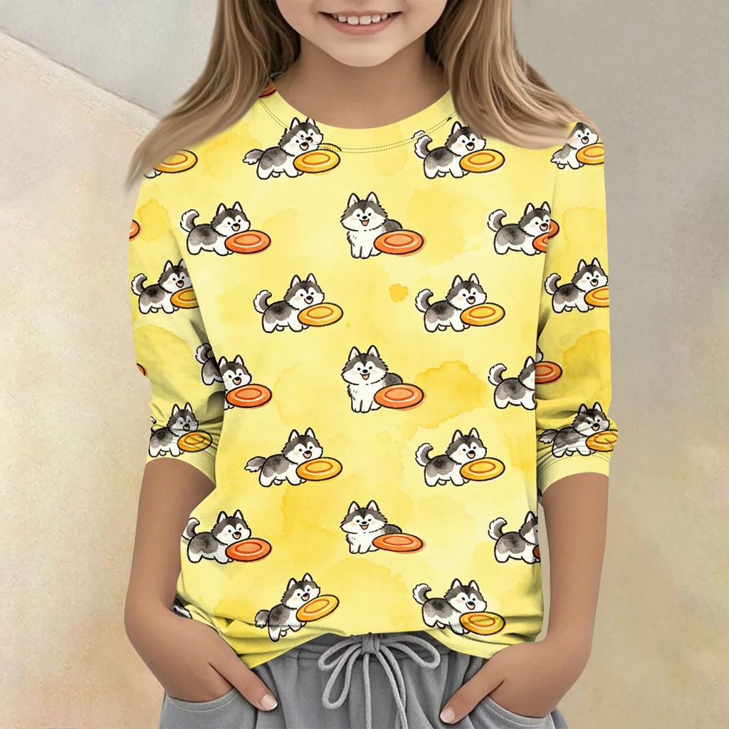 Kinder Tierdruck Rundhals Dreiviertelarm Lässiges T-Shirt Weicher Stoff Bequeme Passform Leichtes Design