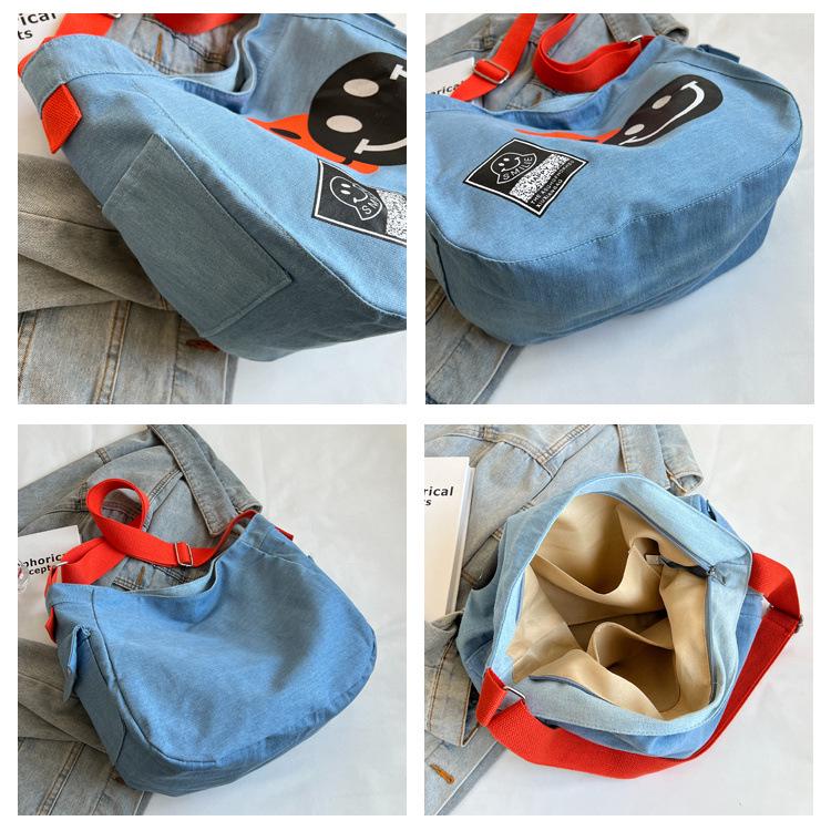 2024 New Korean Style Women's Denim Crossbody Bag: Artistic Smiley Face Canvas with Wide Shoulder Strap