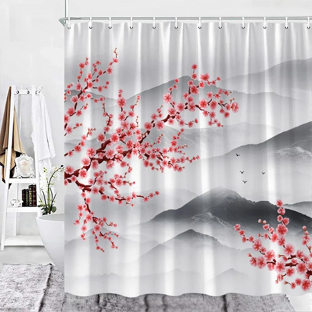 Pink Sakura Flowers Shower Curtains Japanese Cherry Blossoms Trees Floral Rustic Garden Landscape Fabric Print Bathroom Decor