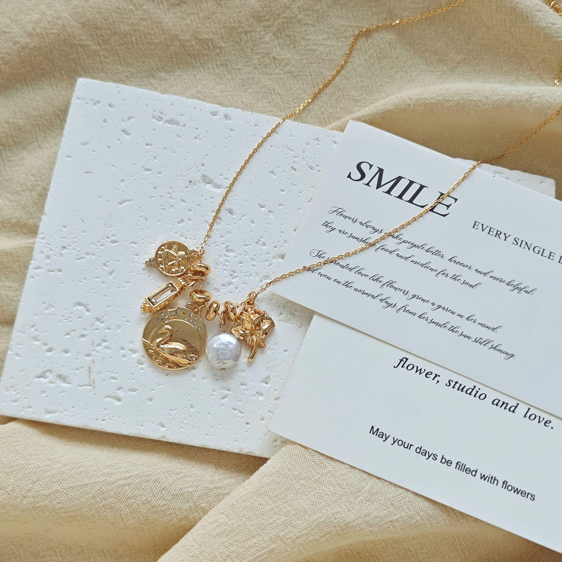 European Gold Swan Pendant Necklace with Freshwater Pearls