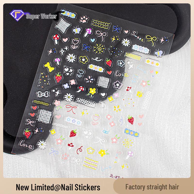 

Jiaolong Creative Graffiti Nail Stickers: Colorful Embossed Childlike Floral Designs