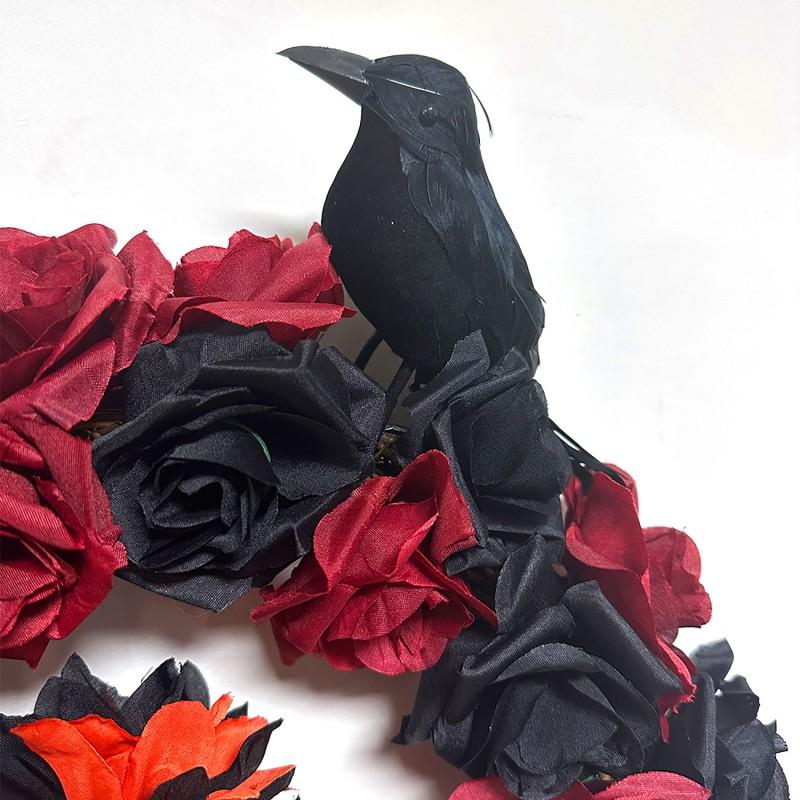 Halloween Skull Wreath With Red Roses Crow Decorations Party Home Door Wall Display