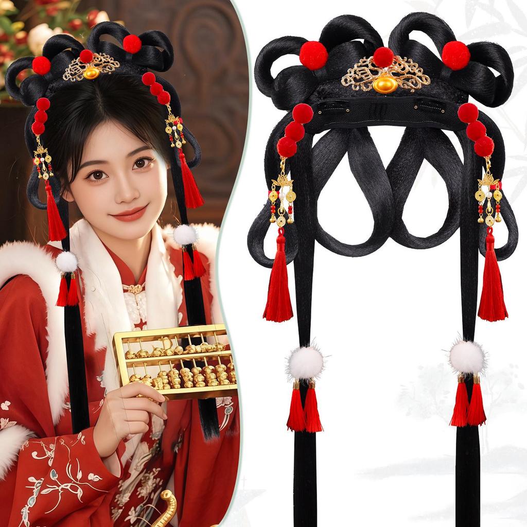 Ancient Hanfu Wig Accessory Set: Sweet Hair Bun with Tassel Flower Headdress for Women