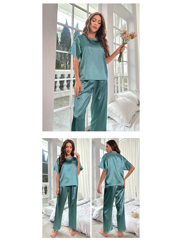 Yaoting Women's Summer Ice Silk Pajama Set - Short Sleeve Top & Long Pants, Loose Fit Casual Homewear 3147