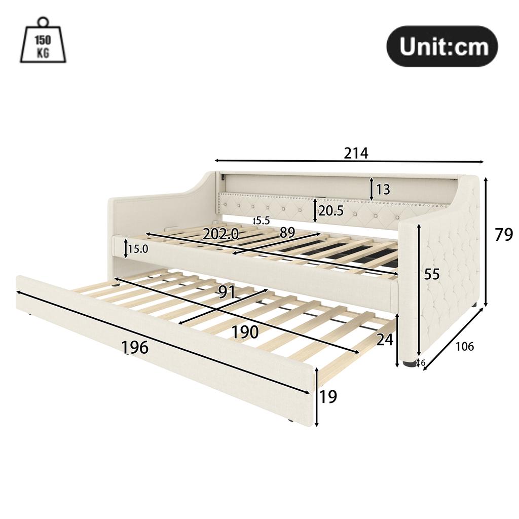 Tagesbett, 90 x 200cm, Schlafsofa, Tagesbett mit Lattenrost (ohne Matratze), Mit LED-Leuchten, Bett mit Ausziehbett, USB-Ladeanschluss, Leinen, Beige