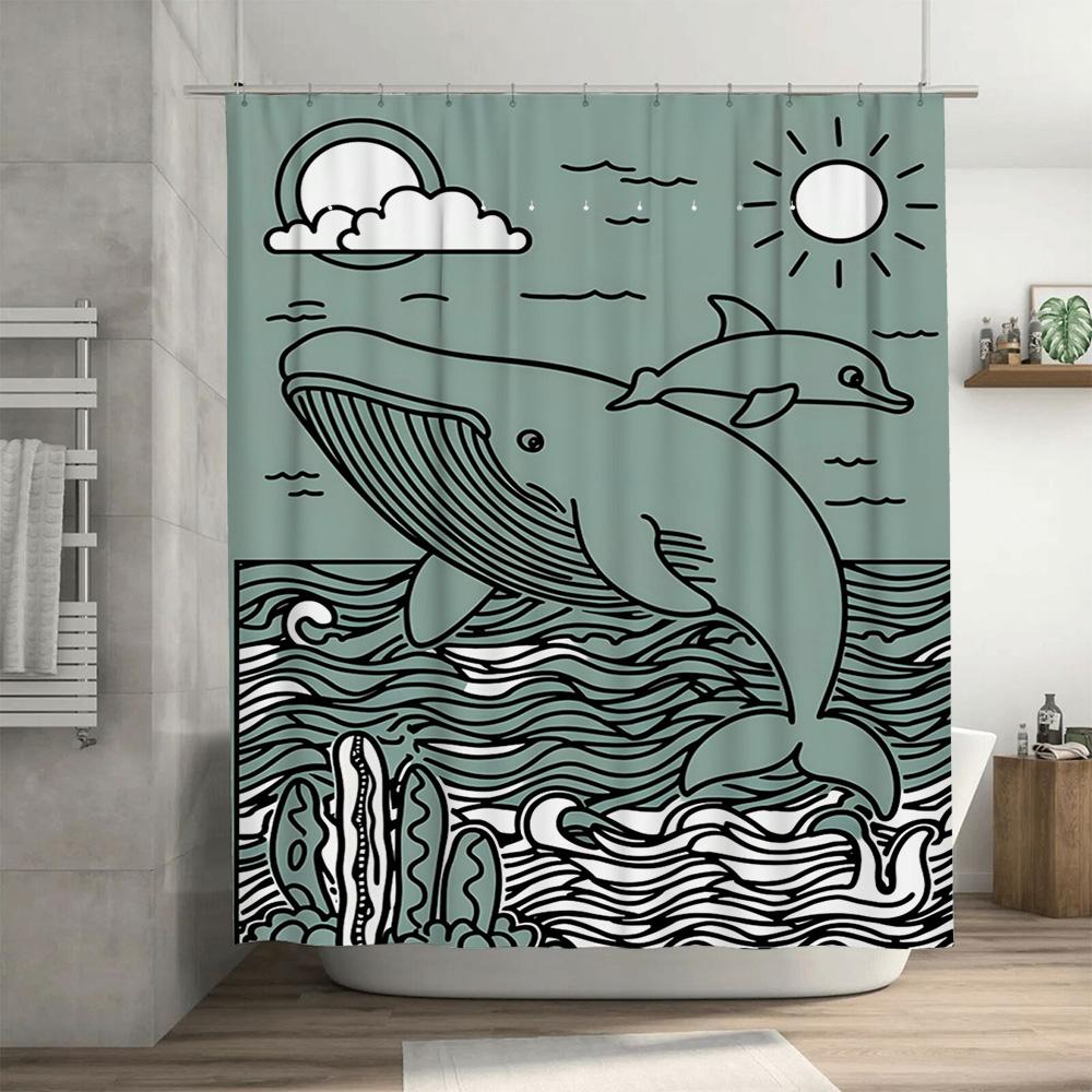 Oceanic Whale Dolphin Print Shower Curtain Set for Bathroom Decor Modern Style Waterproof Fabric Multiple Sizes Available (Green