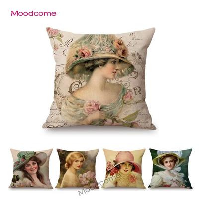 Europäischer königlicher Hof, viktorianische Ära, Damenhut mit Blume, eleganter Sofa-Überwurf-Kissenbezug, klassischer Vintage-Kissenbezug mit Leinendekor