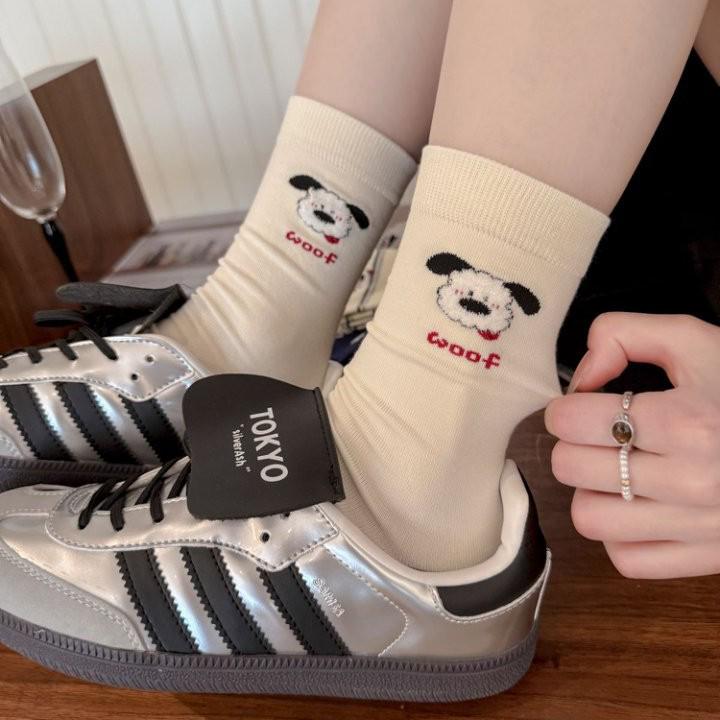 Autumn & Winter Cute Embroidered Cartoon Flocking Striped Puppy Mid-Calf Pure Cotton Preppy Women's Scrunched Socks.