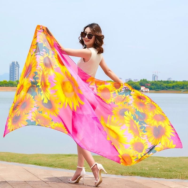 130x200cm Silk Scarf Folral Women Summer Hijab Luxury Print Sunscreen Bandana Foulard Pashmina Scarves Echarpe Shawl Large Wrap
