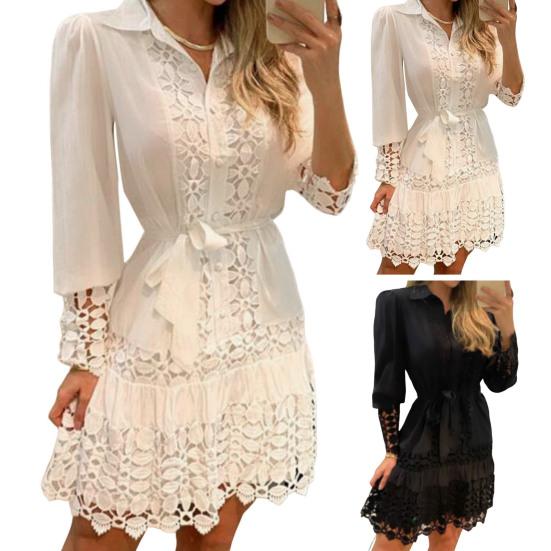 Turn-down Collar Long Sleeve Single-breasted Pullover Women Dress Hollow Out Floral Shape Shirt