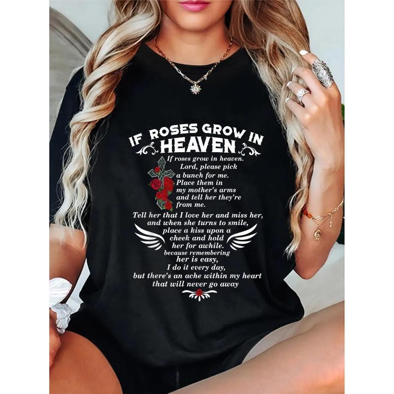 

Plus Size If Roses Grow in Heaven Memorial Mom Tee Angel Wings & Roses Print 4XL чорний