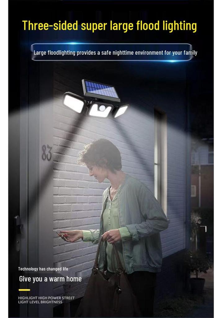 New Rotatable LED Solar Wall Lamp - Three-Head, Waterproof, Motion Sensor, Outdoor Courtyard and Street Light