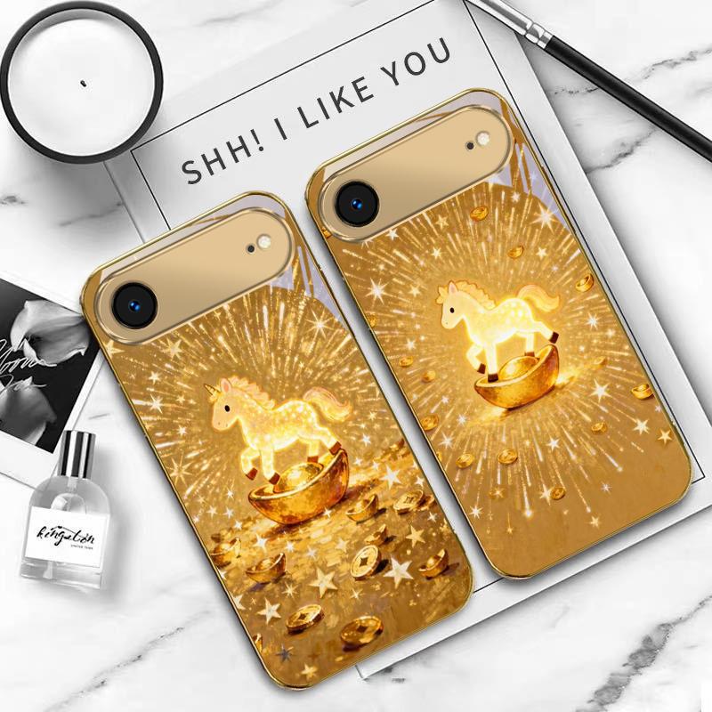The shining golden pony For IPhone 17Pro Max 16 17 Pro 15 Pro 14 13 Plus 12 Mini 11Pro Max XR 16E 17 Air Golden glass phone case