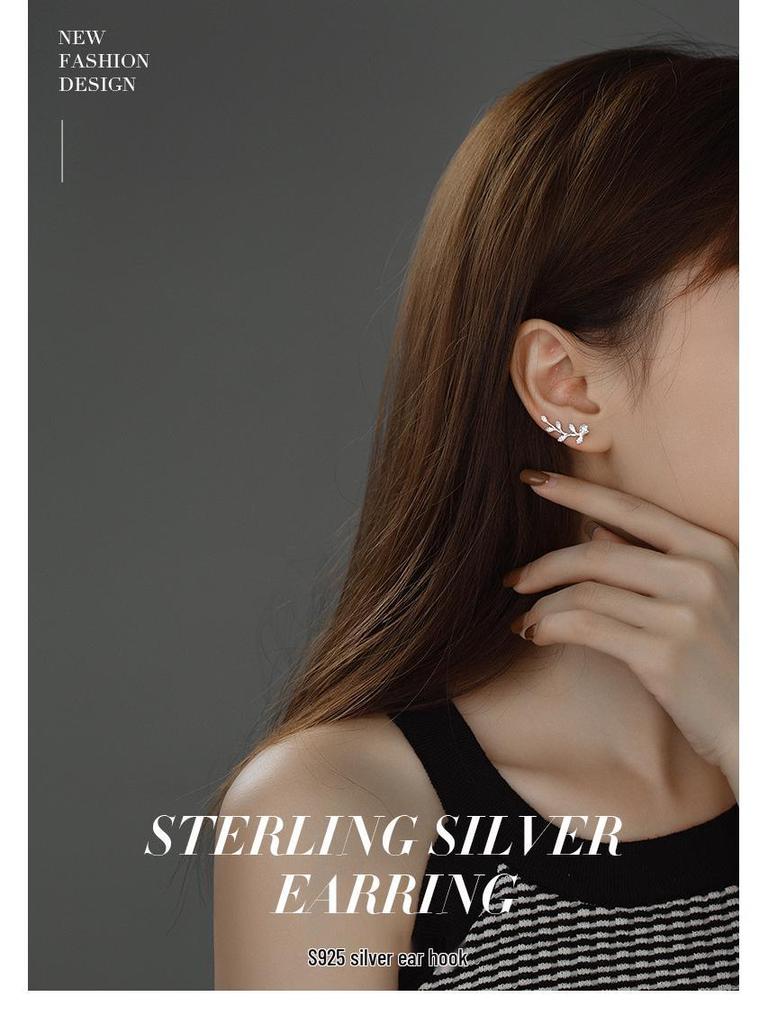 Banyan Tree S925 Silver Olive Branch Leaf Zircon Ear Hooks - Cold Style Summer Earrings for Women