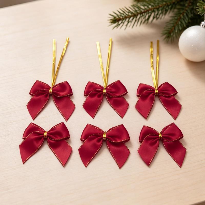Mini Bow Red Gold Ornament Xmas Bowknots For Christmas Tree Gift Wrapping Wreath Wine Bottle Party Decoration Accessories