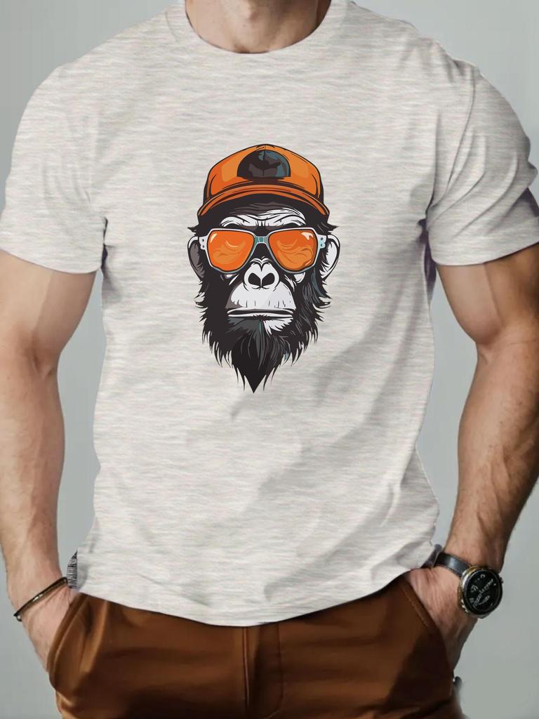 Men's Casual 100% Pure Cotton Summer Fashion Monkey Print Round Neck Short Sleeved Daily Outdoor Breathable T-shirt