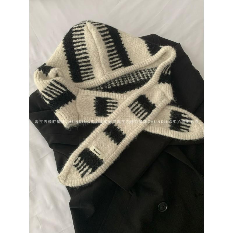 Korean Chic Knit Balaclava Hat With Wool Blend Warm Ear Protection Scarf Women Winter