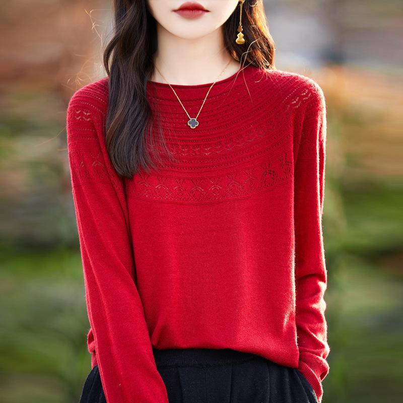 Jednořádkový hotový vlněný svetr s rolovaným kulatým výstřihem pro ženy Na léto Volný univerzální tenký vlněný základní svetr pro ženy