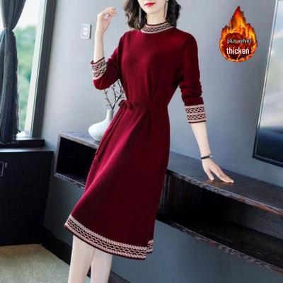Übergröße Samt-Midikleid mit Spitze in der Taille für Herbst/Winter