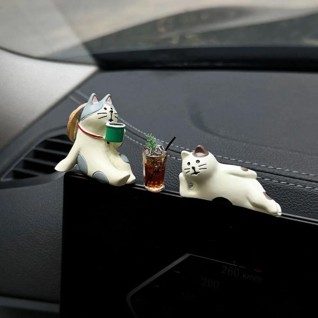 Cute Sunny Cat Coffee Themed Car Desktop Decor Dashboard Display Ornament Center Accessory Decorative Vehicles Fishion Crafts