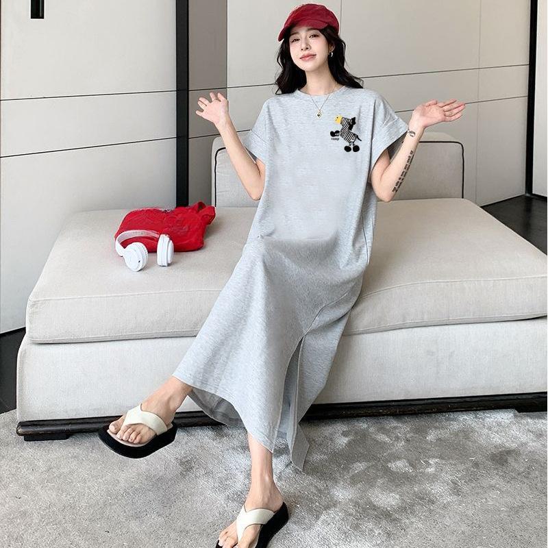 Short-sleeved T-shirt Pocket Dress for Women, Mid-length Knee-length Skirt In Summer, Large Size To Make You Look Younger, with Flying Sleeves