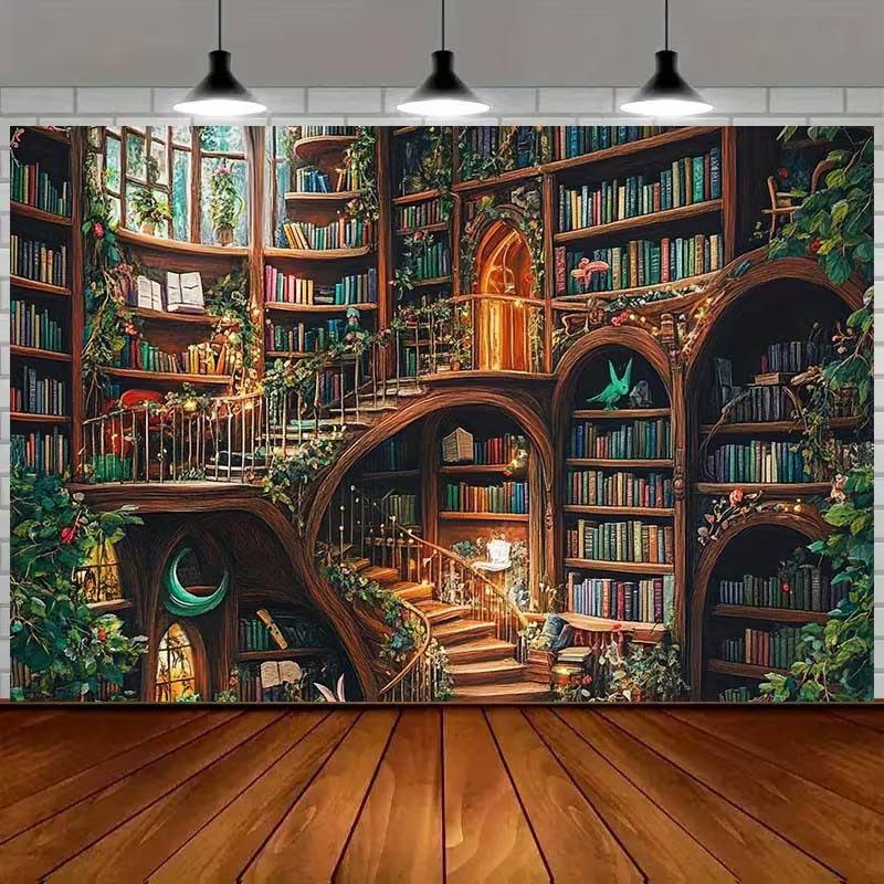 2D Old Enchanted Library Tapestry Magical Bookshelf Wall Art for Home Decor