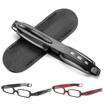 Folding Reading Glasses Anti Blue Light for Men Women Compact Twist Mini Pocket Pen Clip Readers with Leather Case Glasses